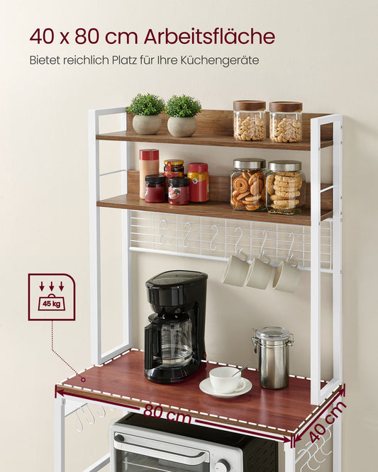 Küchenregal Stehend, Standregal, mit Steckdosen, Mikrowellenregal, mit Gitterplatte, 14 Haken, arbeitsplatte, Weiß, Vasagle, 7