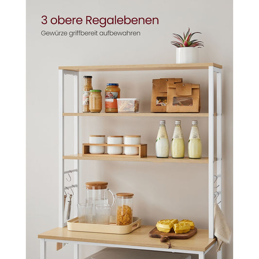 Küchenregal Stehend, Standregal, Mikrowellenregal, 6 Ablagen, 6 Haken, Küchenregal Arbeitsplatte, Stahlrahmen, Weiß, Vasagle, 4