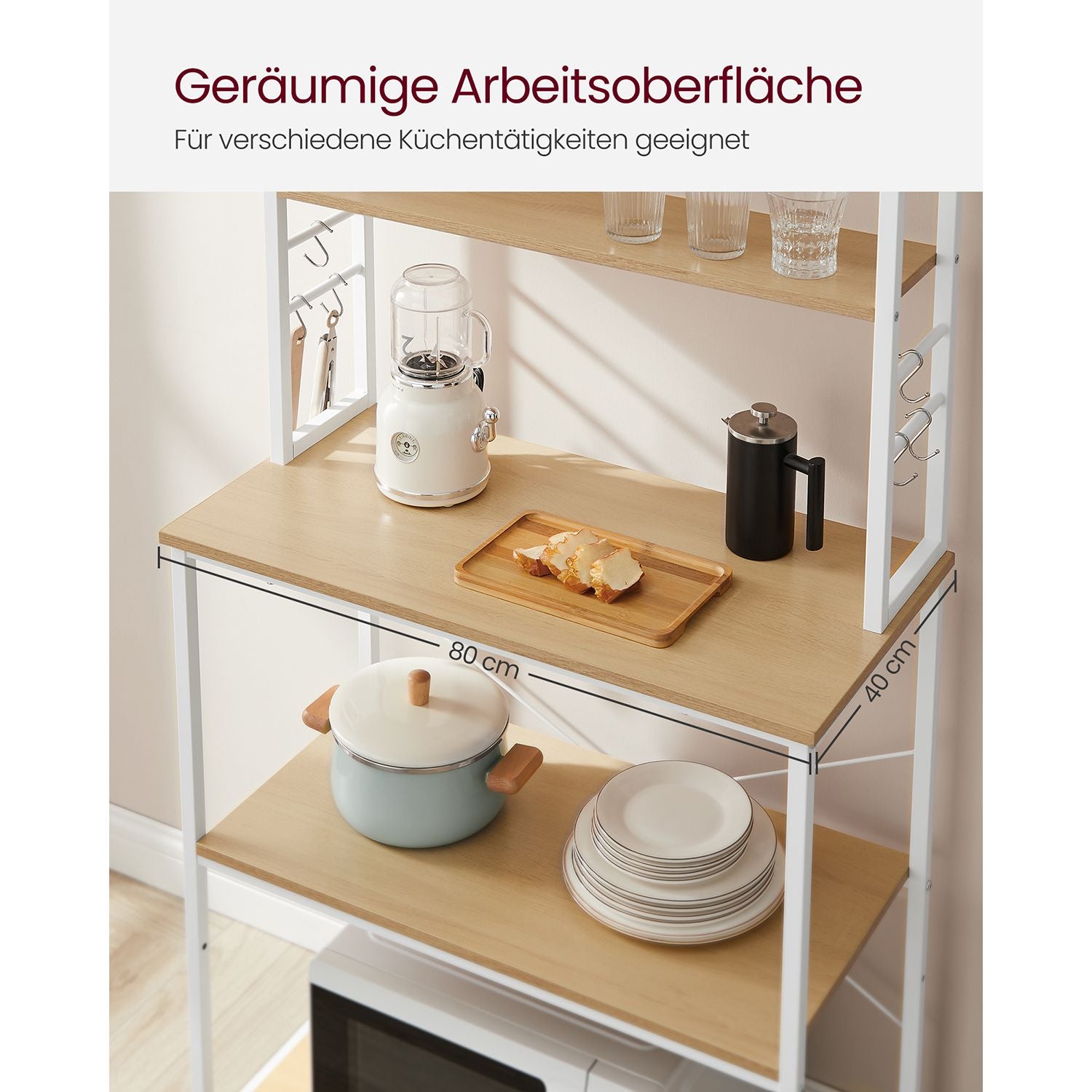 Küchenregal Stehend, Standregal, Mikrowellenregal, 6 Ablagen, 6 Haken, Küchenregal Arbeitsplatte, Stahlrahmen, Weiß, Vasagle, 5