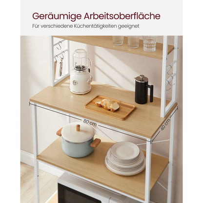 Küchenregal Stehend, Standregal, Mikrowellenregal, 6 Ablagen, 6 Haken, Küchenregal Arbeitsplatte, Stahlrahmen, Weiß, Vasagle, 5