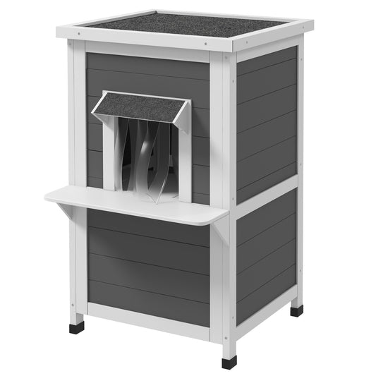 Katzenhaus Holz, 2-Stöckig, Wetterbeständige Katzenhütte mit Dach, 60x60x81,5 cm, Grau & Weiß, PawHut, 2