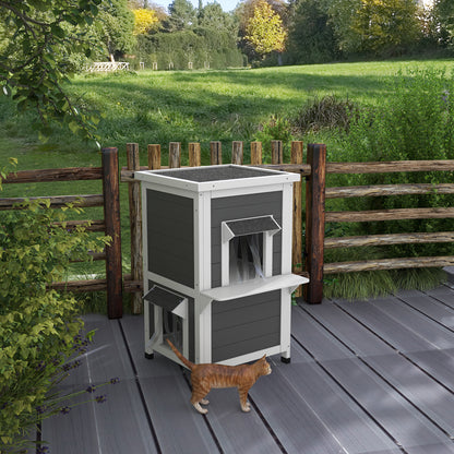 Katzenhaus Holz, 2-Stöckig, Wetterbeständige Katzenhütte mit Dach, 60x60x81,5 cm, Grau & Weiß, PawHut, 9