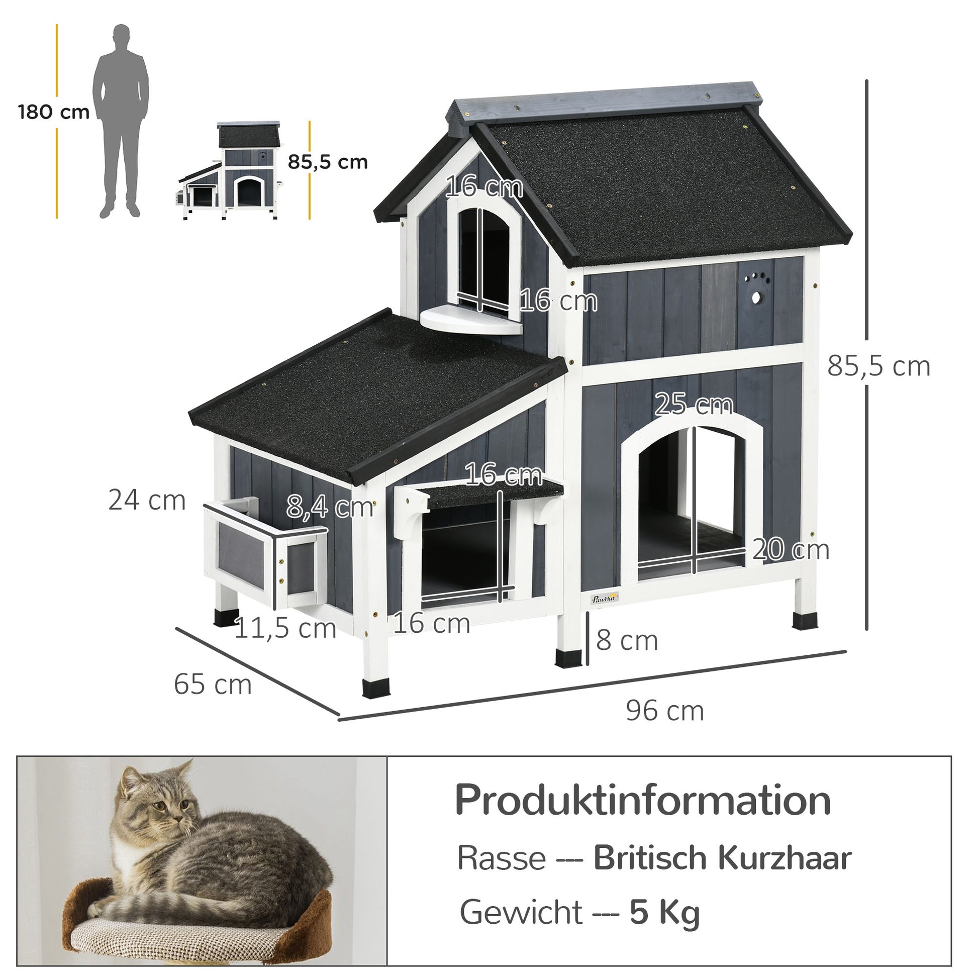 Katzenhaus, Tannenholz, Katzenhütte mit mehreren Eingängen, 2 Etagen, Katzenhöhle für draußen, Kleintierhaus mit Asphaltadach, PawHut, 9