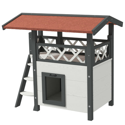 Katzenhaus mit Asphaltdach, 2-stöckig, Katzenhütte mit Balkon, Katzenvilla mit Treppe, Massivholz, 77x50x73 cm, PawHut, 1
