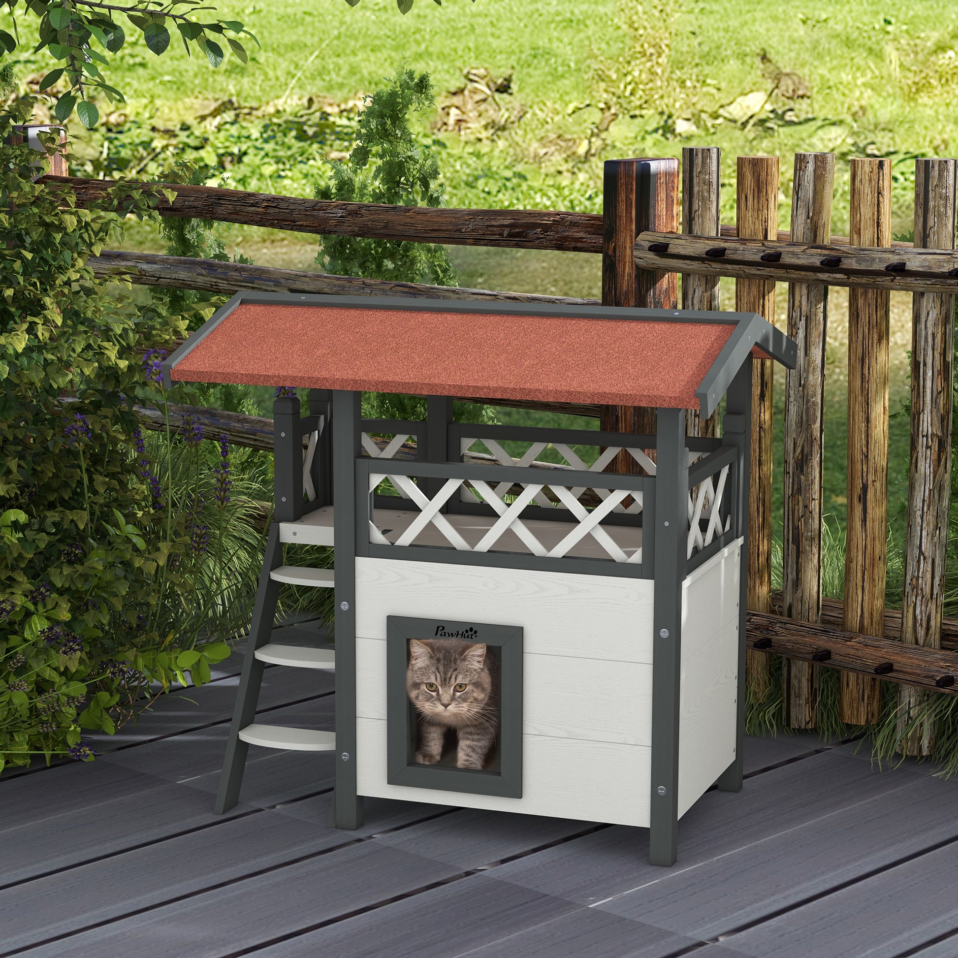Katzenhaus mit Asphaltdach, 2-stöckig, Katzenhütte mit Balkon, Katzenvilla mit Treppe, Massivholz, 77x50x73 cm, PawHut, 2