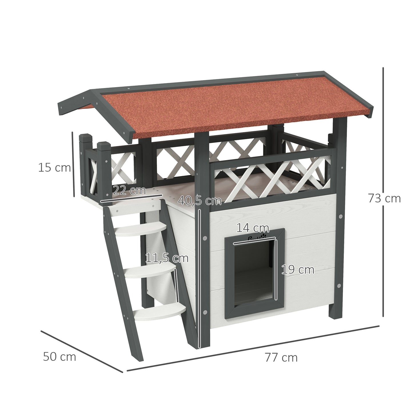 Katzenhaus mit Asphaltdach, 2-stöckig, Katzenhütte mit Balkon, Katzenvilla mit Treppe, Massivholz, 77x50x73 cm, PawHut, 3