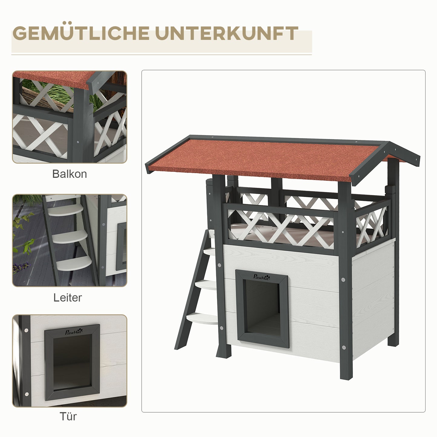 Katzenhaus mit Asphaltdach, 2-stöckig, Katzenhütte mit Balkon, Katzenvilla mit Treppe, Massivholz, 77x50x73 cm, PawHut, 4