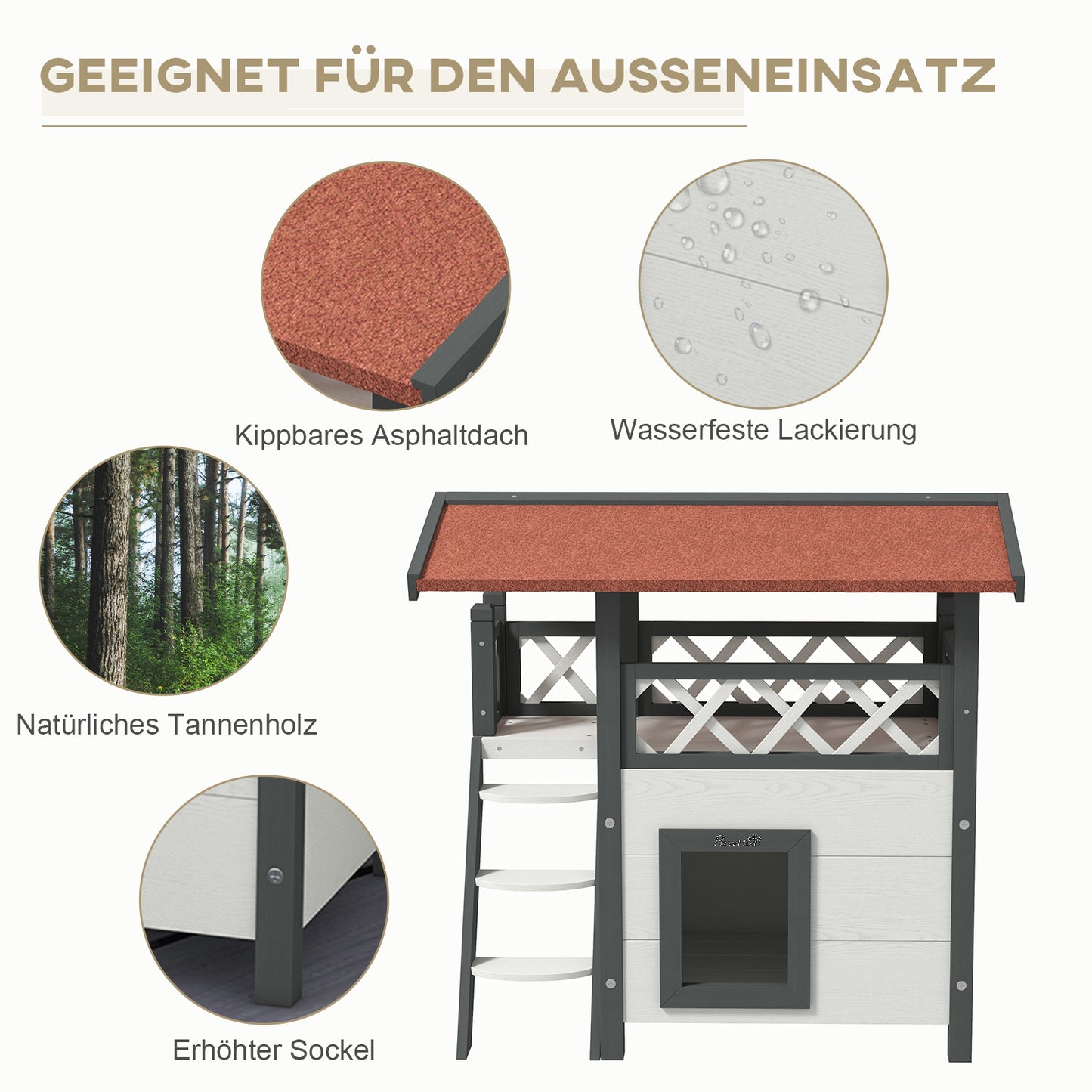 Katzenhaus mit Asphaltdach, 2-stöckig, Katzenhütte mit Balkon, Katzenvilla mit Treppe, Massivholz, 77x50x73 cm, PawHut, 5