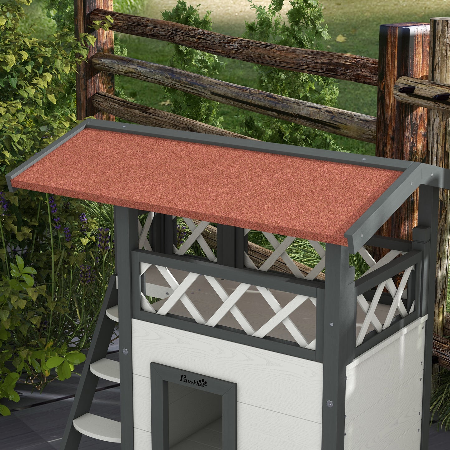 Katzenhaus mit Asphaltdach, 2-stöckig, Katzenhütte mit Balkon, Katzenvilla mit Treppe, Massivholz, 77x50x73 cm, PawHut, 7
