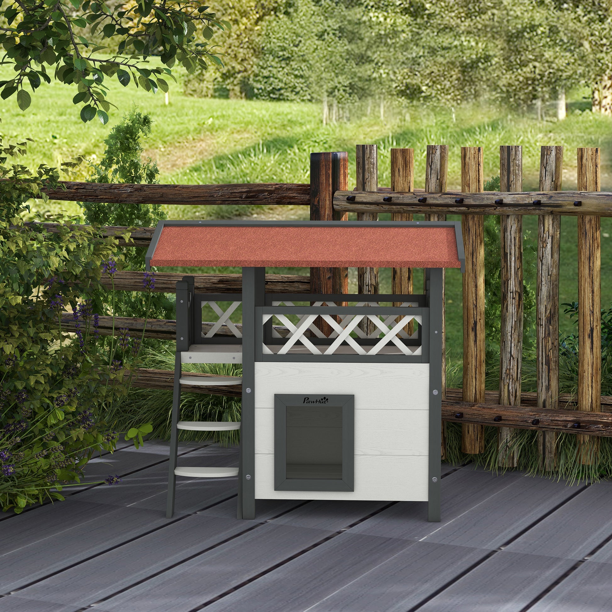 Katzenhaus mit Asphaltdach, 2-stöckig, Katzenhütte mit Balkon, Katzenvilla mit Treppe, Massivholz, 77x50x73 cm, PawHut, 8