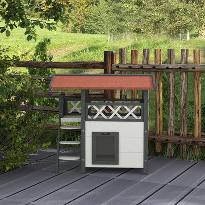 Katzenhaus mit Asphaltdach, 2-stöckig, Katzenhütte mit Balkon, Katzenvilla mit Treppe, Massivholz, 77x50x73 cm, PawHut, 8