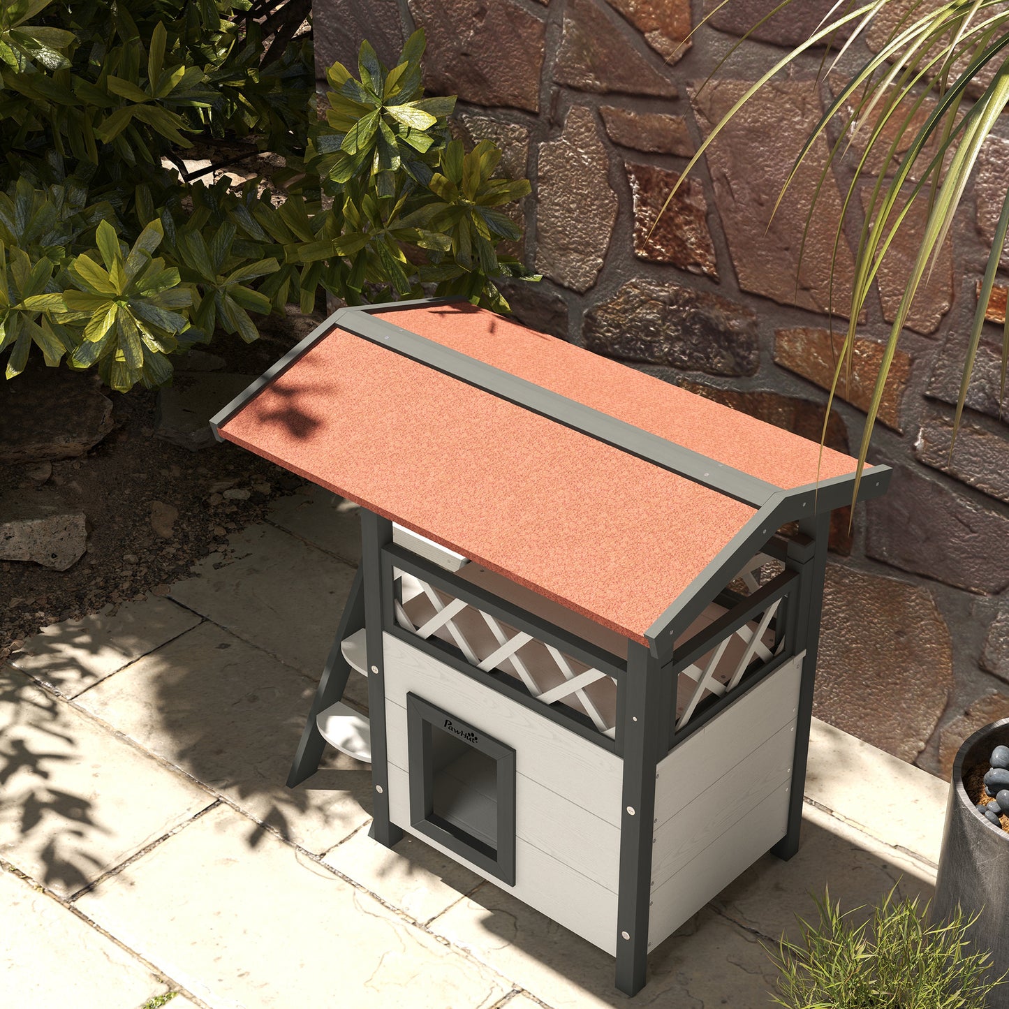 Katzenhaus mit Asphaltdach, 2-stöckig, Katzenhütte mit Balkon, Katzenvilla mit Treppe, Massivholz, 77x50x73 cm, PawHut, 9