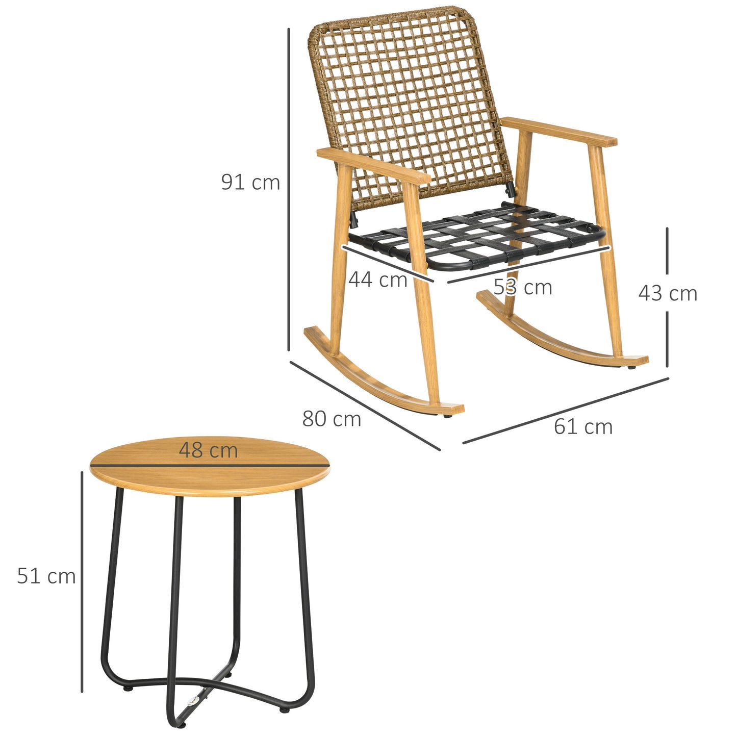 Outsunny - Gartenmöbelset für  Personen 2 Schaukelstühle, 1 Beistelltisch, robustes Polyrattan, inkl. Sitzauflagen