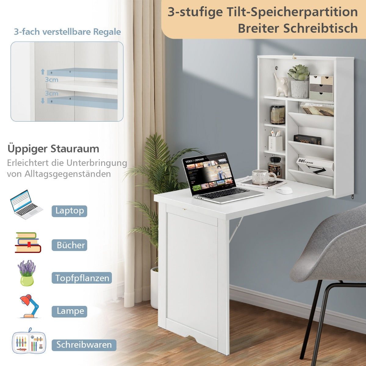 Klappbarer Schreibtisch, Klapptisch, Wandmontierbarer Schreibtisch,  Schreib Tisch, Laptoptisch, Costway, 4