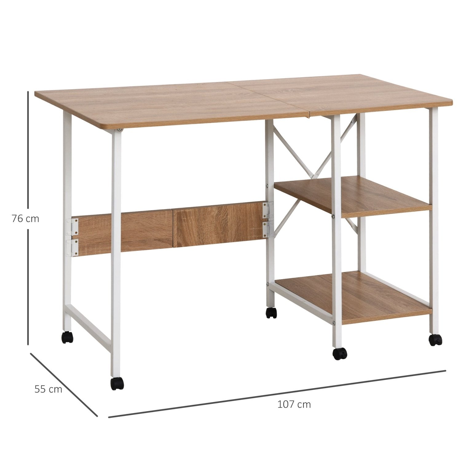 Klapptisch, Schreibtisch auf Rollen, Faltbare Computertisch, Arbeitstisch, mit Ablagen, Beistelltisch, MDF, Natur, HOMCOM, 2