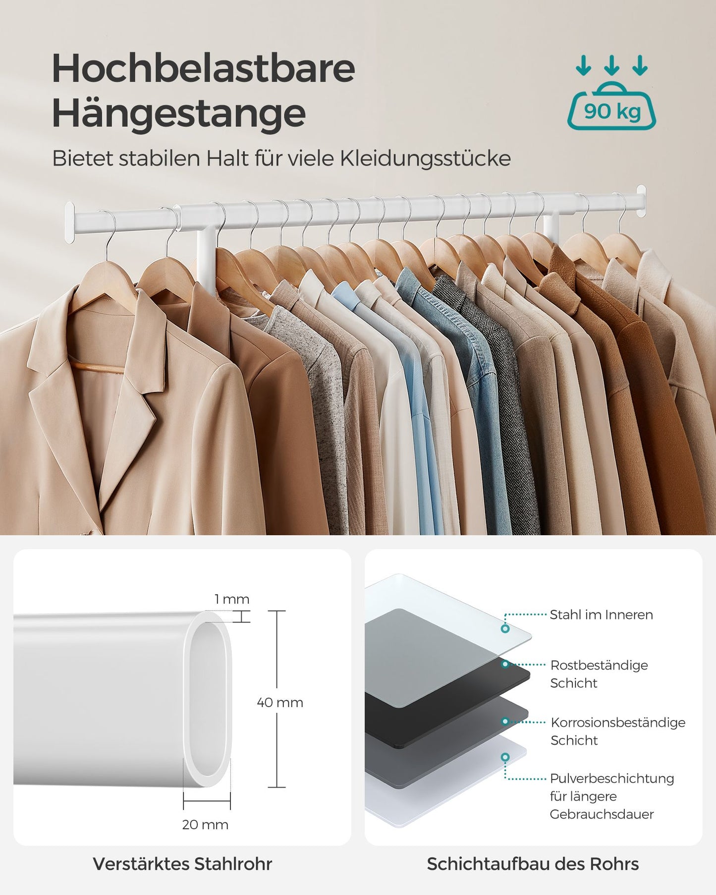 Kleiderständer, Kleiderständer auf Rollen, Kleiderständer Stabil, Kleiderstange, Kleiderständer Metall, SONGMICS, 5
