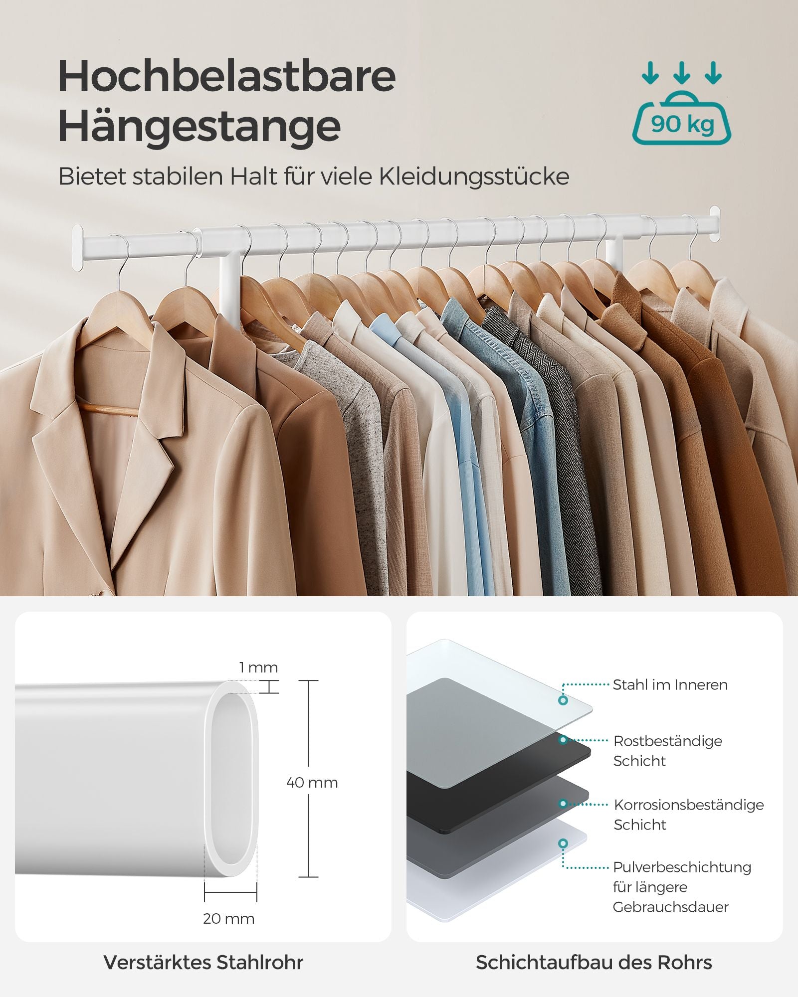 Kleiderständer, Kleiderständer auf Rollen, Kleiderständer Stabil, Kleiderstange, Kleiderständer Metall, SONGMICS, 5