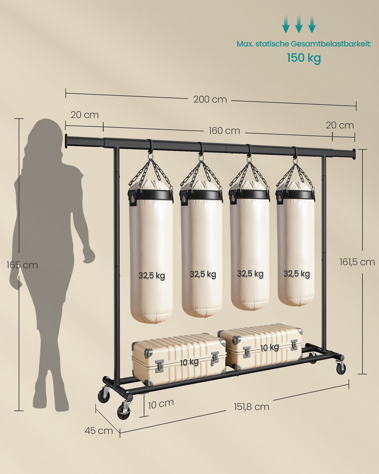Kleiderständer, Schwerlast Kleiderständer, Profi, bis 150 kg, Garderobenständer auf Rollen, Kleiderstange Metall, SONGMICS, 3