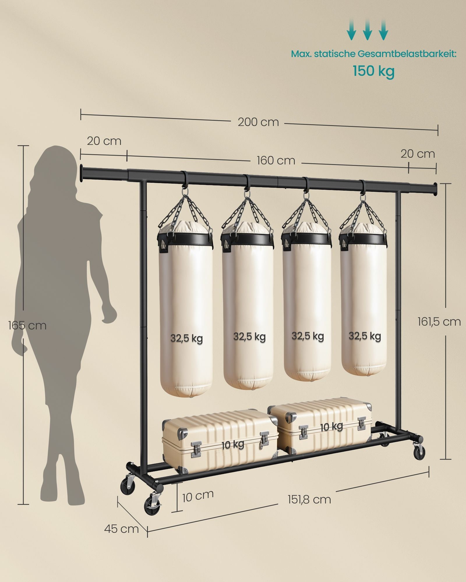 Kleiderständer, Schwerlast Kleiderständer, Profi, bis 150 kg, Garderobenständer auf Rollen, Kleiderstange Metall, SONGMICS, 3