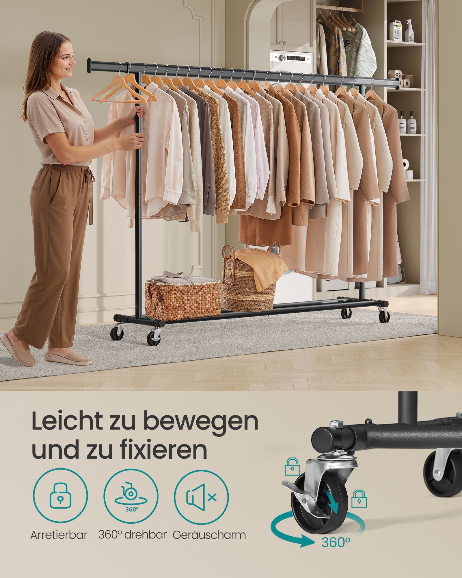 Schwerlast Kleiderständer, bis 150kg Profi kleiderständer, Kleiderständer auf Rollen, Schwarz, SONGMICS, 4