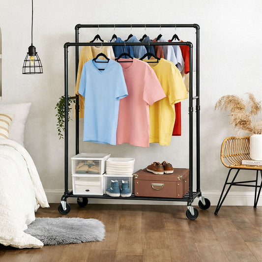 Kleiderständer Stabil, bis 110 kg, mit 2 Kleiderstangen und Ablage, Schwerlast Kleiderständer, auf Rollen, Kleiderständer Metal, Tatkraft Pantera, 2