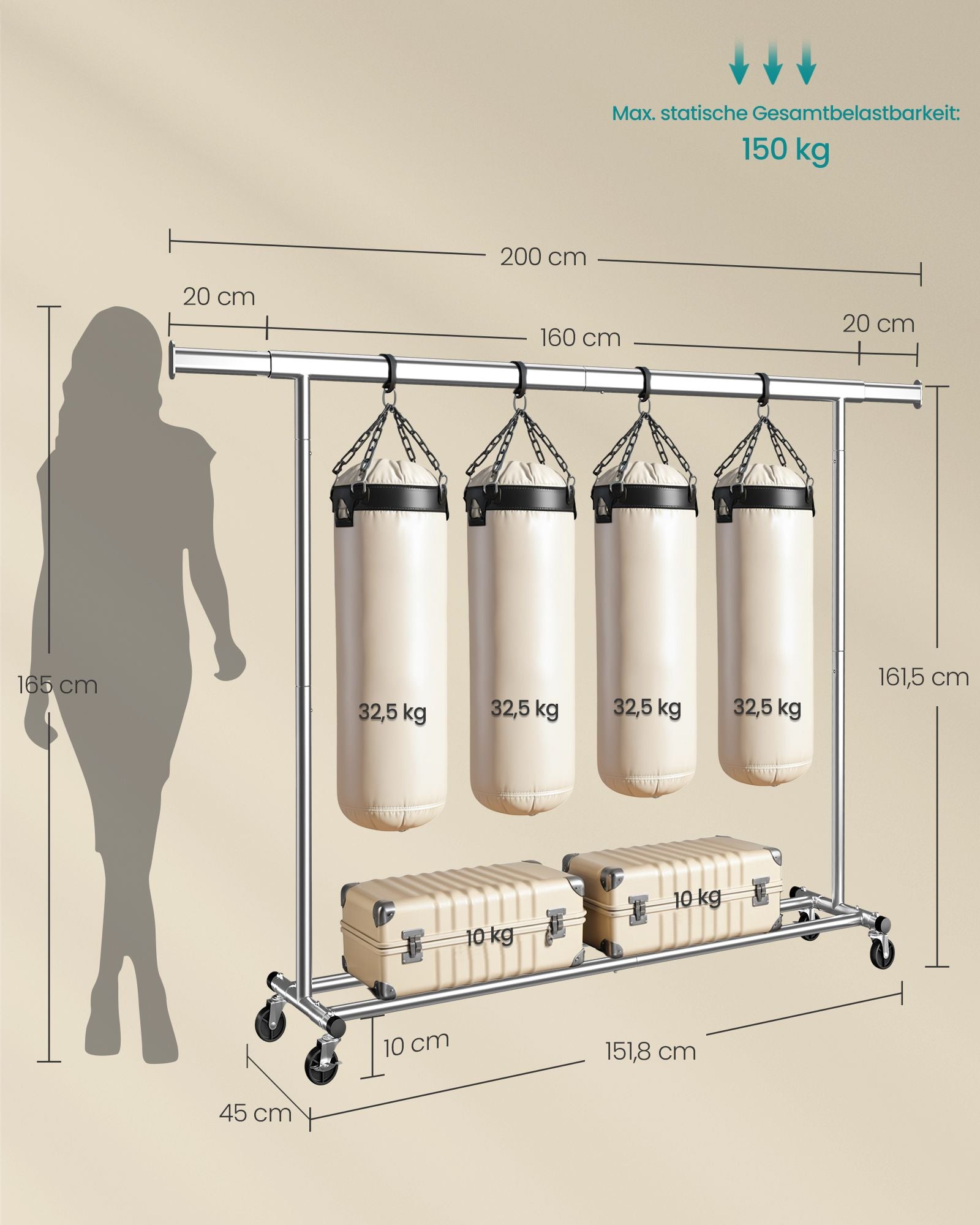 Kleiderständer, auf Rollen, Schwerlast Kleiderständer, bis 150 kg, Garderobenständer, Profi, ausziehbare, Silbern, SONGMICS, 2