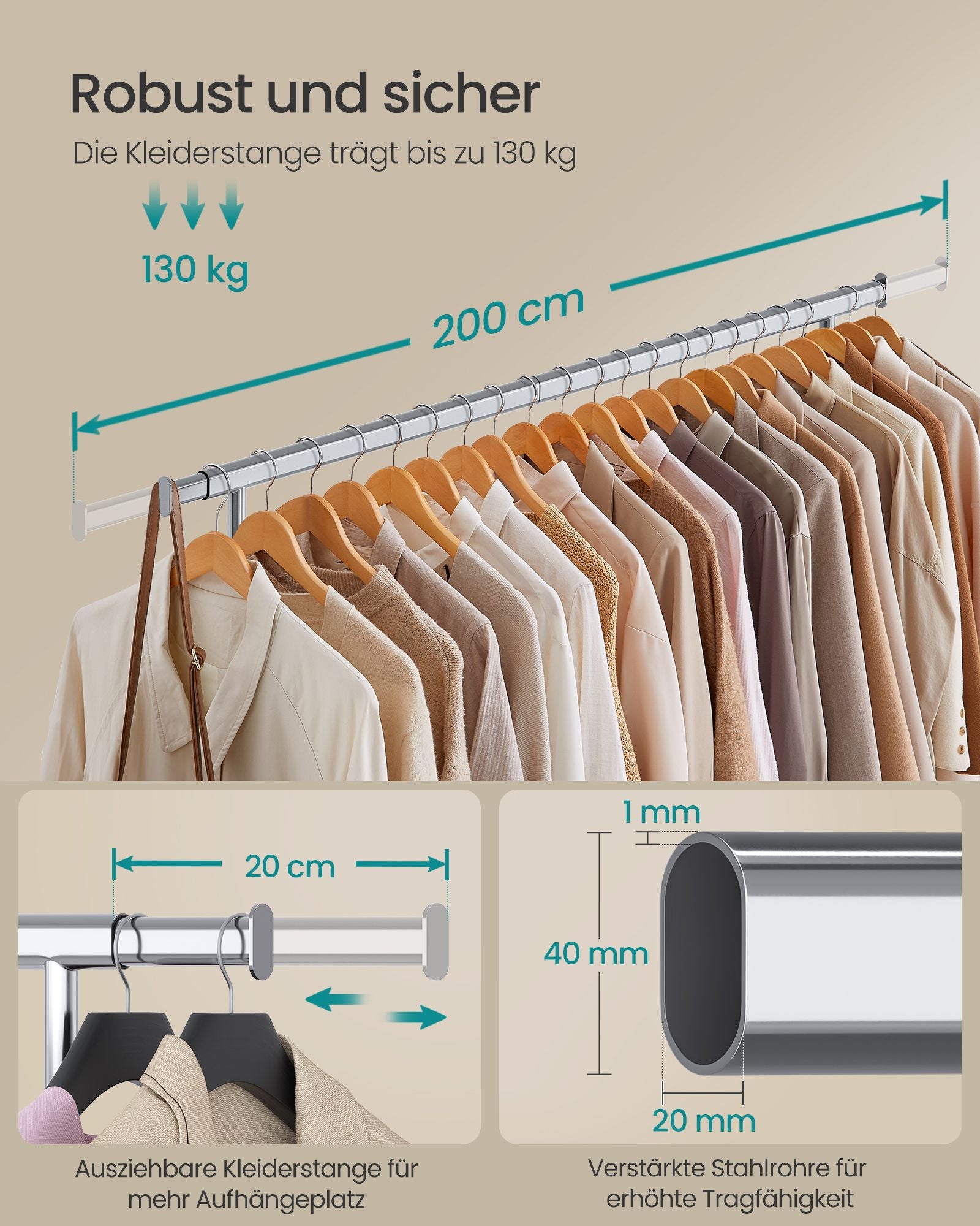 Kleiderständer, auf Rollen, Schwerlast Kleiderständer, bis 150 kg, Garderobenständer, Profi, ausziehbare, Silbern, SONGMICS, 3