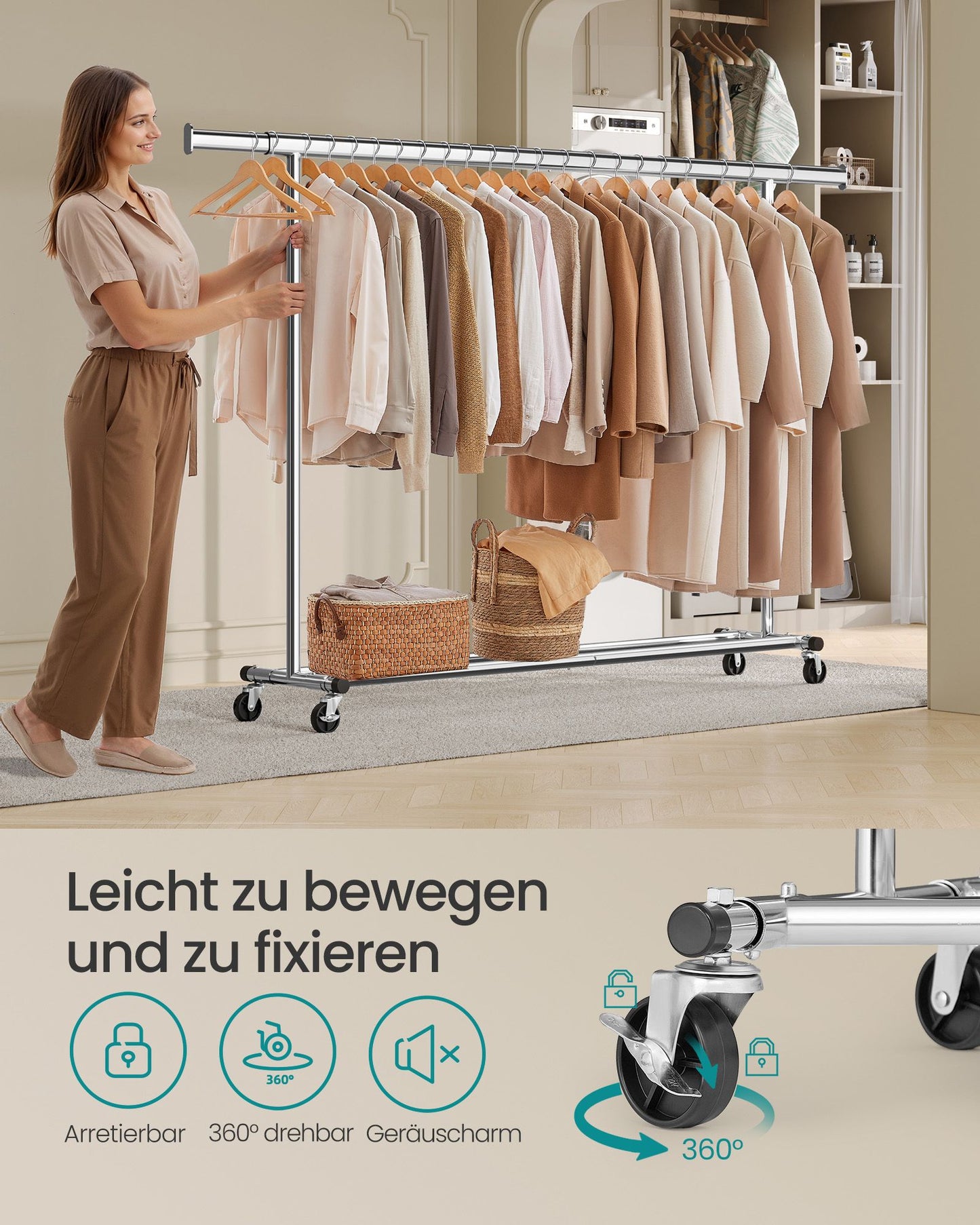 Schwerlast Kleiderständer, bis 150kg Profi kleiderständer, Kleiderständer auf Rollen, Silbern, SONGMICS, 4