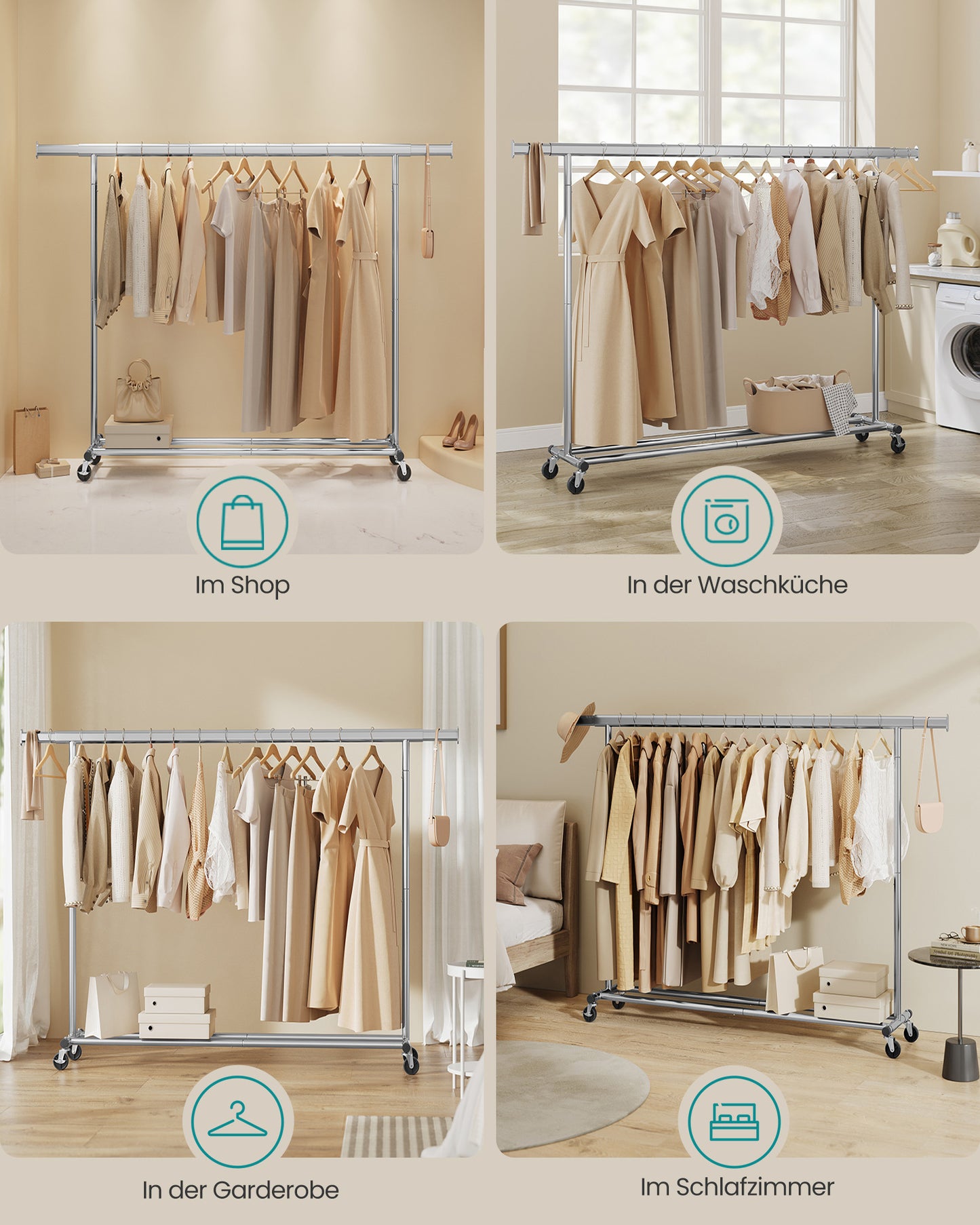 Schwerlast Kleiderständer, bis 150kg Profi kleiderständer, Kleiderständer auf Rollen, Silbern, SONGMICS, 6