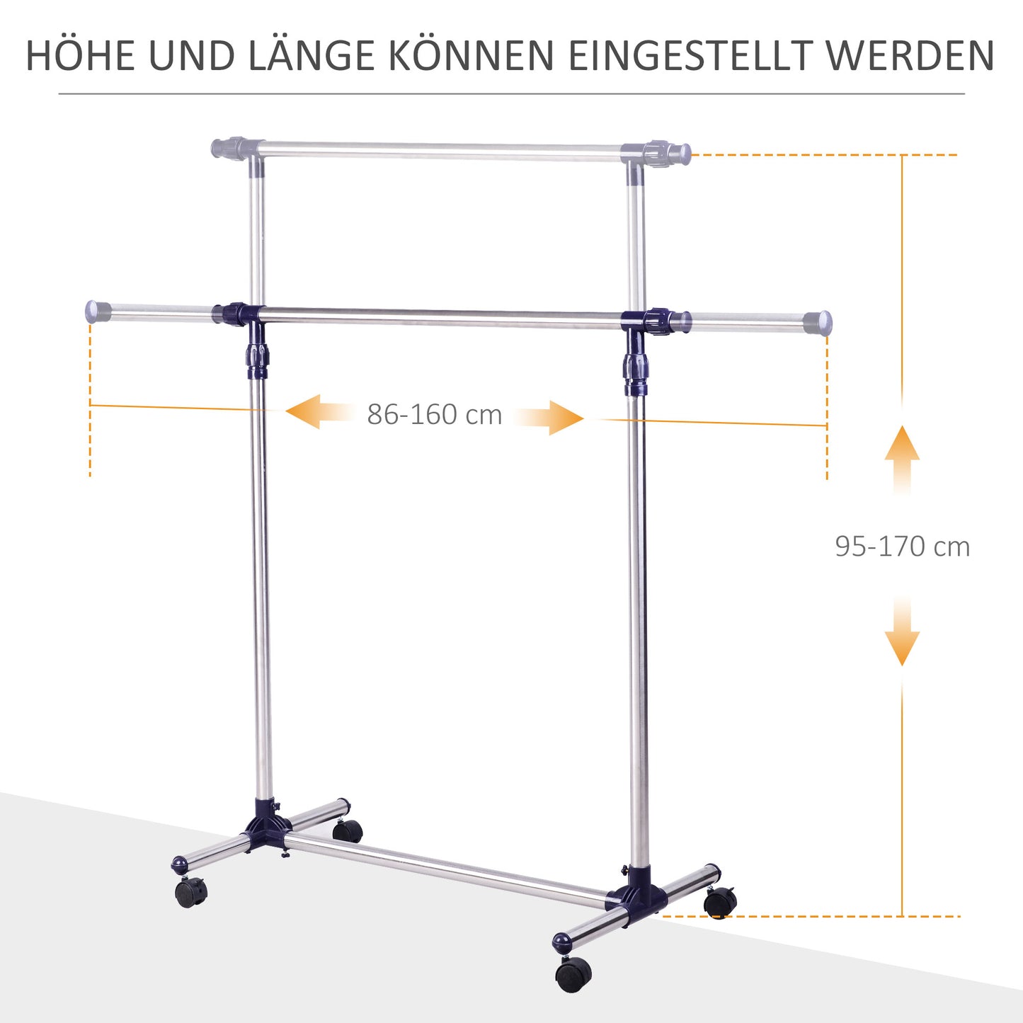 Kleiderständer, Garderobenständer, Kleiderstange, auf rollen, Höhenverstellbar, Ausziehbare Kleiderstange, Edelstahl, HOMCOM, 1