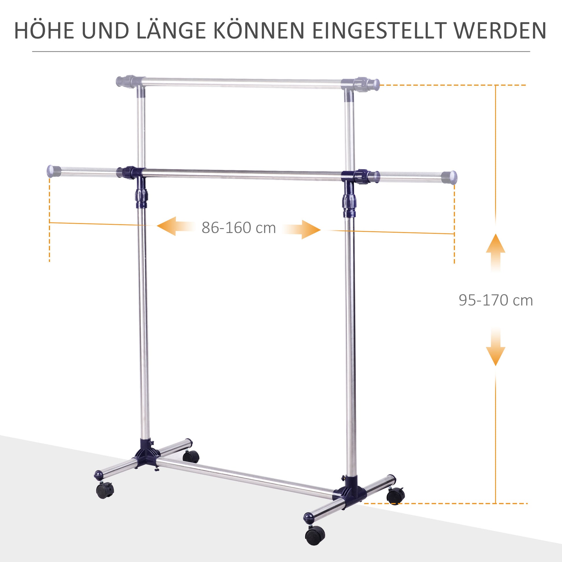 Kleiderständer, Garderobenständer, Kleiderstange, auf rollen, Höhenverstellbar, Ausziehbare Kleiderstange, Edelstahl, HOMCOM, 1