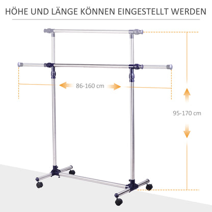 Kleiderständer, Garderobenständer, Kleiderstange, auf rollen, Höhenverstellbar, Ausziehbare Kleiderstange, Edelstahl, HOMCOM, 1