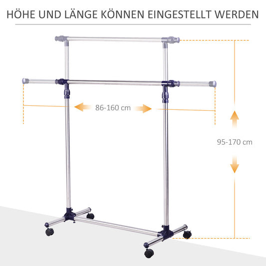 Kleiderständer, Garderobenständer, Kleiderstange, auf rollen, Höhenverstellbar, Ausziehbare Kleiderstange, Edelstahl, HOMCOM, 1