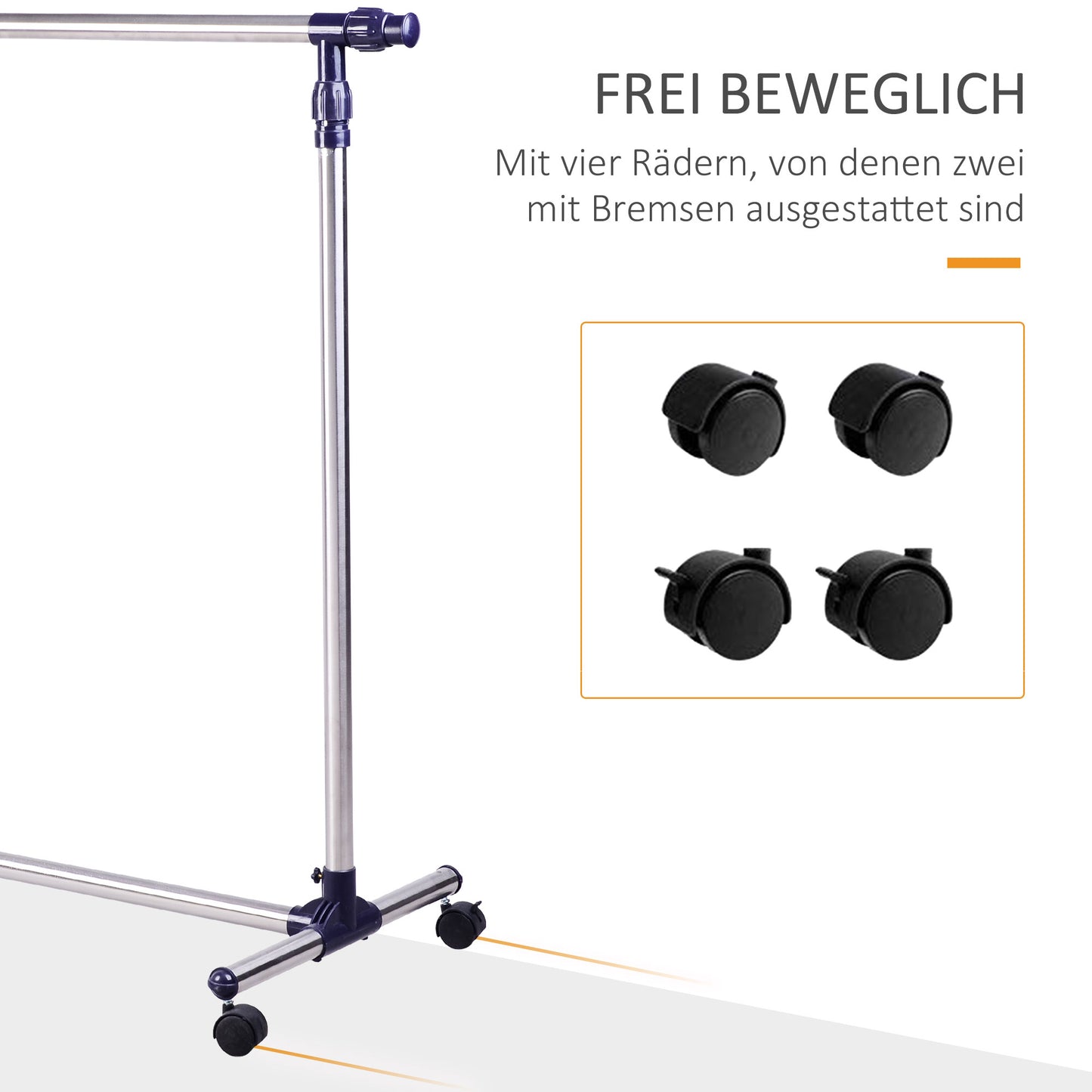 Kleiderständer, Garderobenständer, Kleiderstange, auf rollen, Höhenverstellbar, Ausziehbare Kleiderstange, Edelstahl, HOMCOM, 3