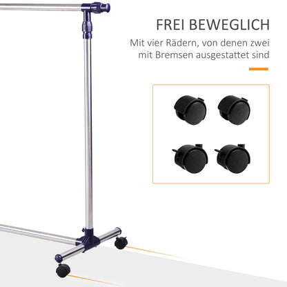 Kleiderständer, Garderobenständer, Kleiderstange, auf rollen, Höhenverstellbar, Ausziehbare Kleiderstange, Edelstahl, HOMCOM, 3