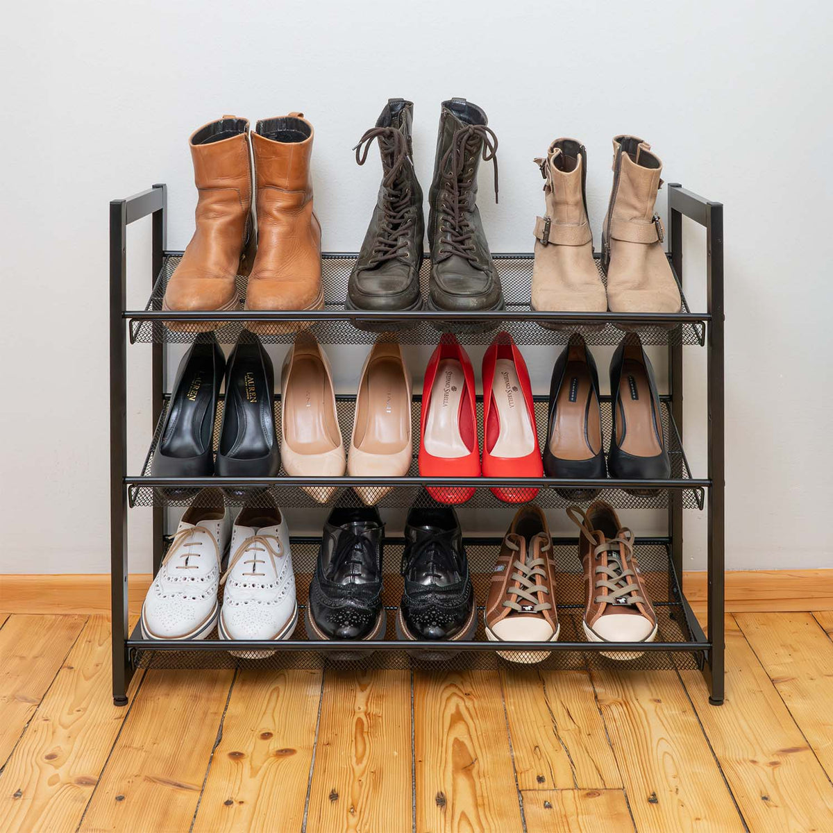 Schuhregal Metall, 3 Ablagen, Schmal, Schwarz, Tatkraft Willis –