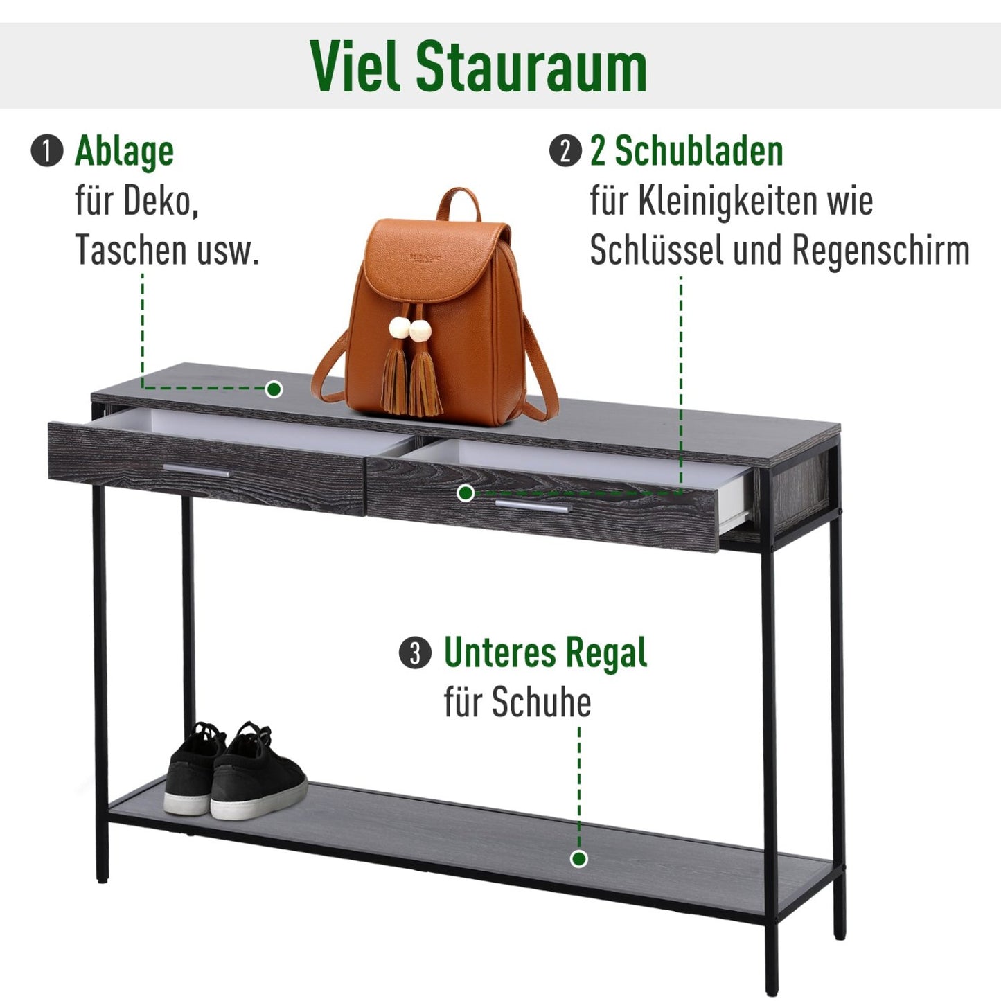 Konsolentisch, Ablagetisch, Eingangstisch, Konsolentisch schmal, Beistelltisch 2 Schubfächer, Unterregal, Stahl, HOMCOM, 3