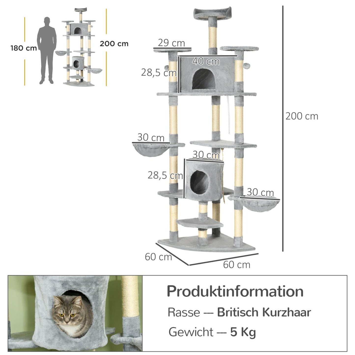 Kratzbaum katze, kratzbäume, eck kratzbaum, 200H cm, 3 Kratzstämme, 2 Katzenhöhlen, 2 Hängematten, Grau, PawHut, 2