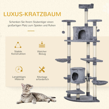 Kratzbaum katze, kratzbäume, eck kratzbaum, 200H cm, 3 Kratzstämme, 2 Katzenhöhlen, 2 Hängematten, Grau, PawHut, 3