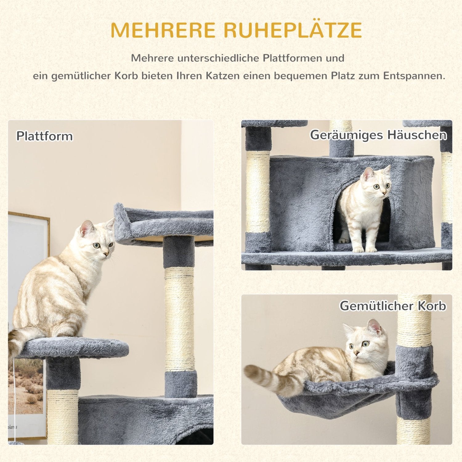 Kratzbaum katze, kratzbäume, eck kratzbaum, 200H cm, 3 Kratzstämme, 2 Katzenhöhlen, 2 Hängematten, Grau, PawHut, 5