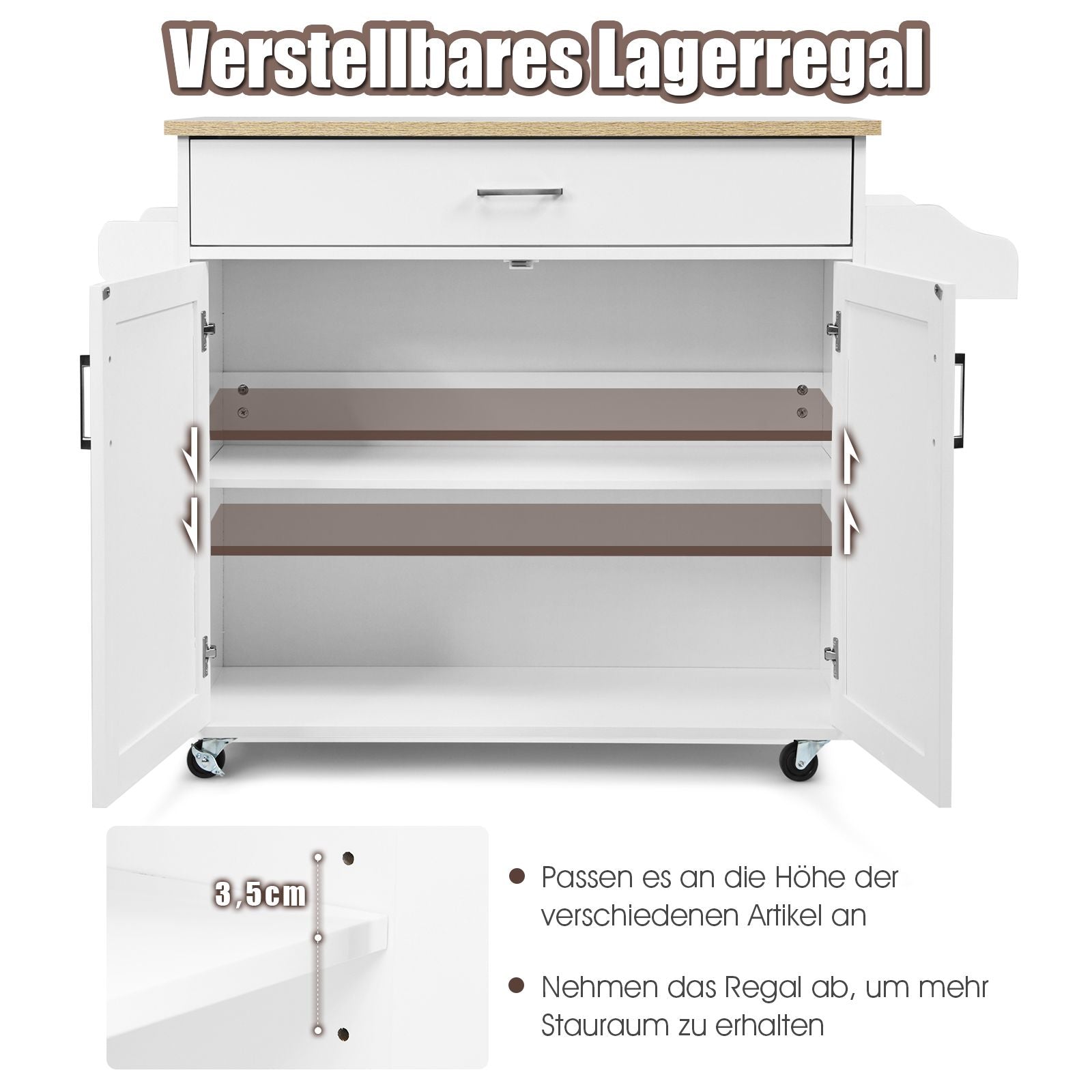 Kücheninsel, Küchenwagen mit arbeitsplatte, Ausgestattet mit 4 Universalrollen, Küchenwagen holz, Rollbar, Weiß, Costway, 7