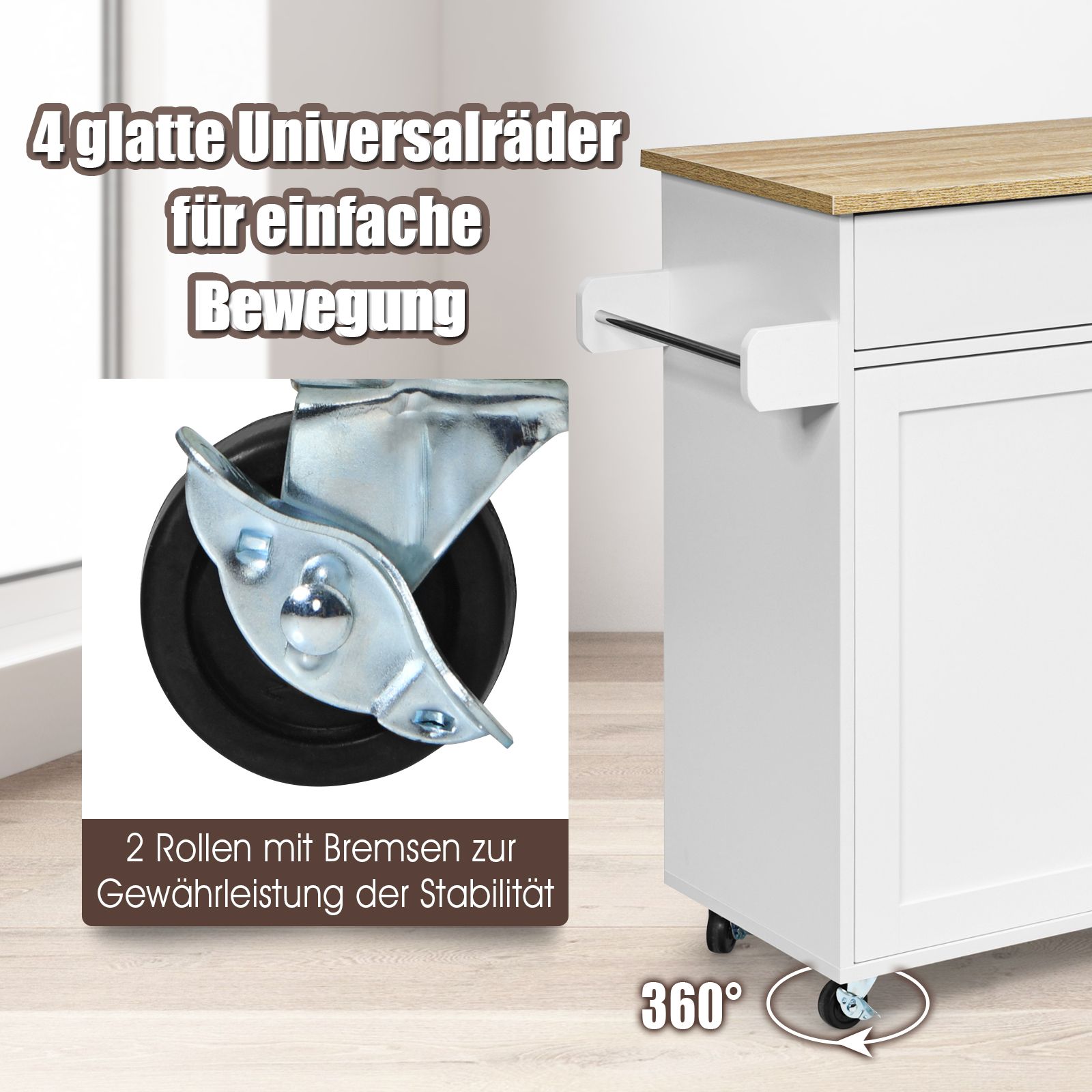 Kücheninsel, Küchenwagen mit arbeitsplatte, Ausgestattet mit 4 Universalrollen, Küchenwagen holz, Rollbar, Weiß, Costway, 8