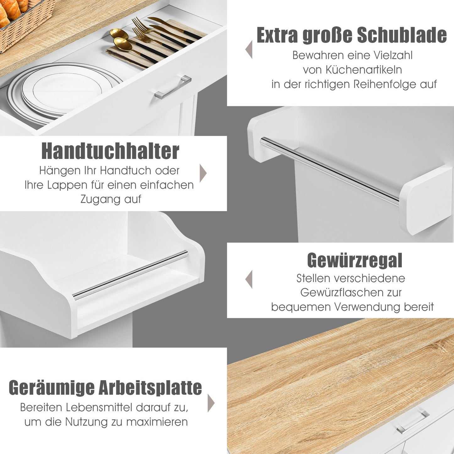 Kücheninsel, Küchenwagen mit arbeitsplatte, Ausgestattet mit 4 Universalrollen, Küchenwagen holz, Rollbar, Weiß, Costway, 11