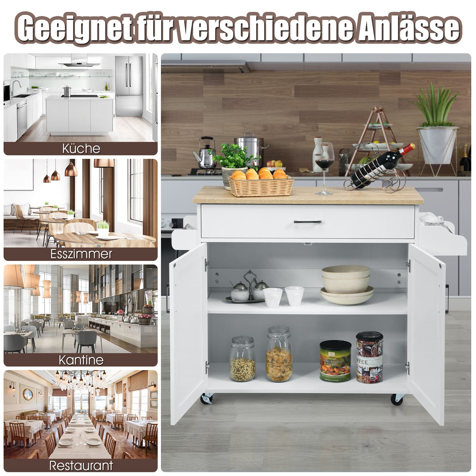 Kücheninsel, Küchenwagen mit arbeitsplatte, Ausgestattet mit 4 Universalrollen, Küchenwagen holz, Rollbar, Weiß, Costway, 4