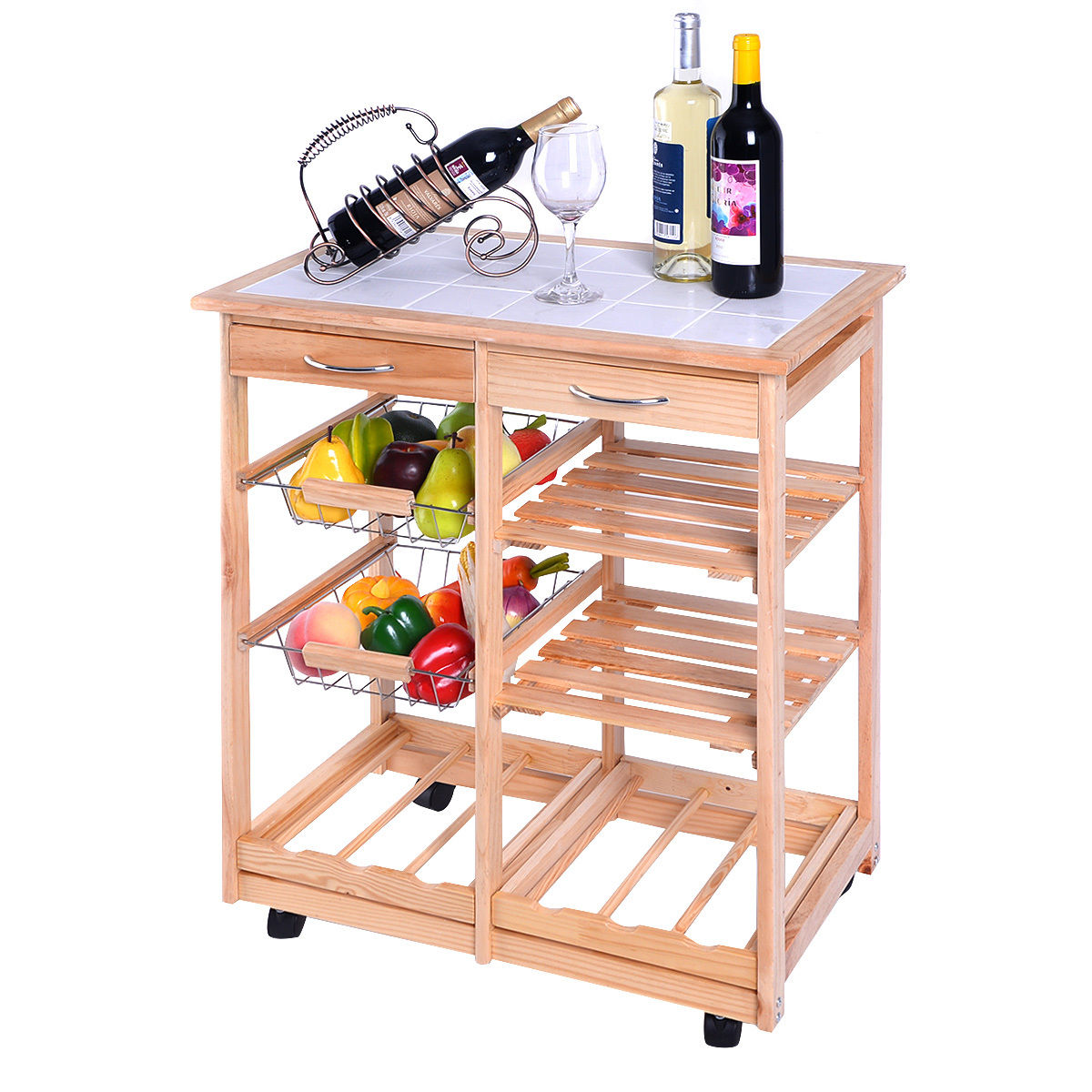 Kücheninsel, Küchenwagen mit arbeitsplatte, Küchenwagen 3 Ablagen, Küchenwagen holz, Küchenregal, Rollwagen Holz Farbwahl, Natur, Costway, 1