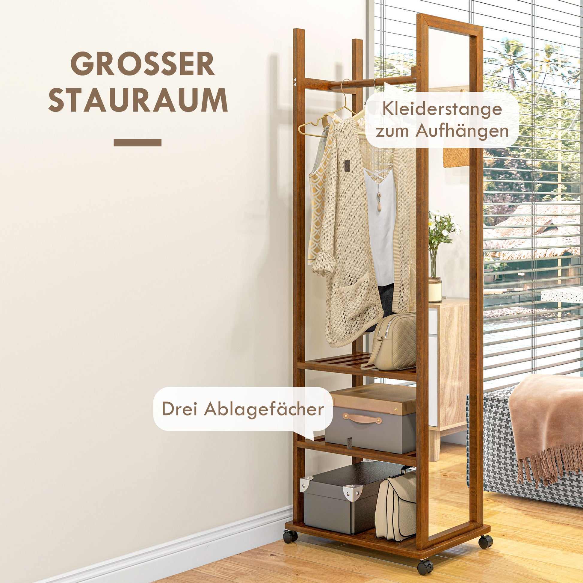 Standspiegel, Garderobe mit Spiegel, Kleiderständer Holz, Ganzkörperspiegel, Kleiderständer auf rollen, 3 Ebenen, Kiefernholz, HOMCOM, 1