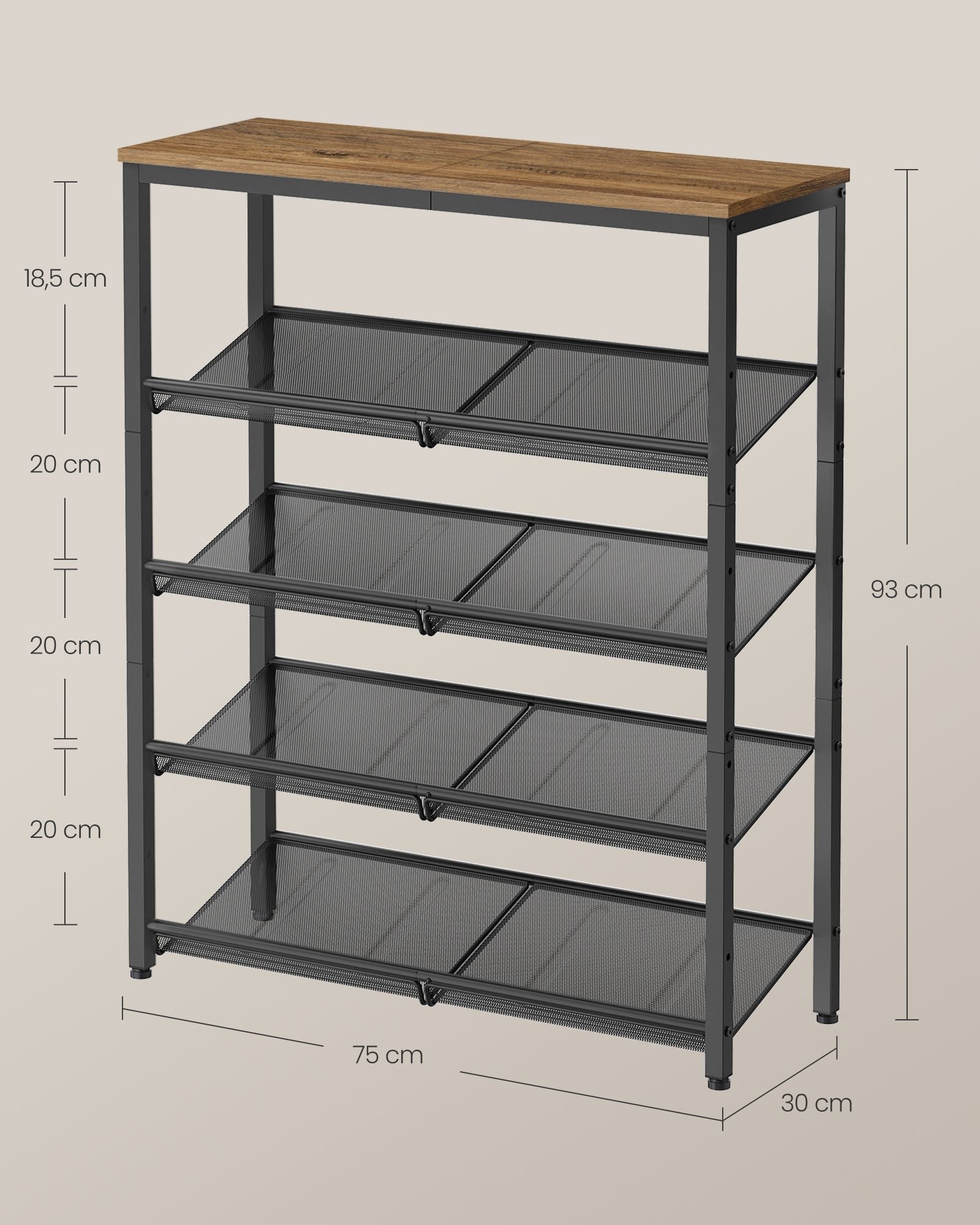 Schuhregal schmal, Schuhablage, 5 Ebenen, 75x28x93 cm, große Oberfläche, platzsparend, Metall, braun-schwarz