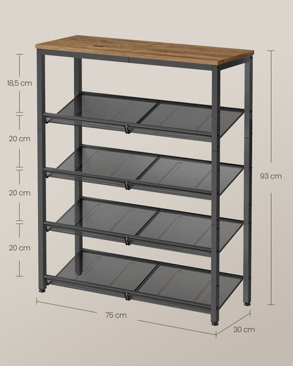 Schuhregal schmal, Schuhablage, 5 Ebenen, 75x28x93 cm, große Oberfläche, platzsparend, Metall, braun-schwarz