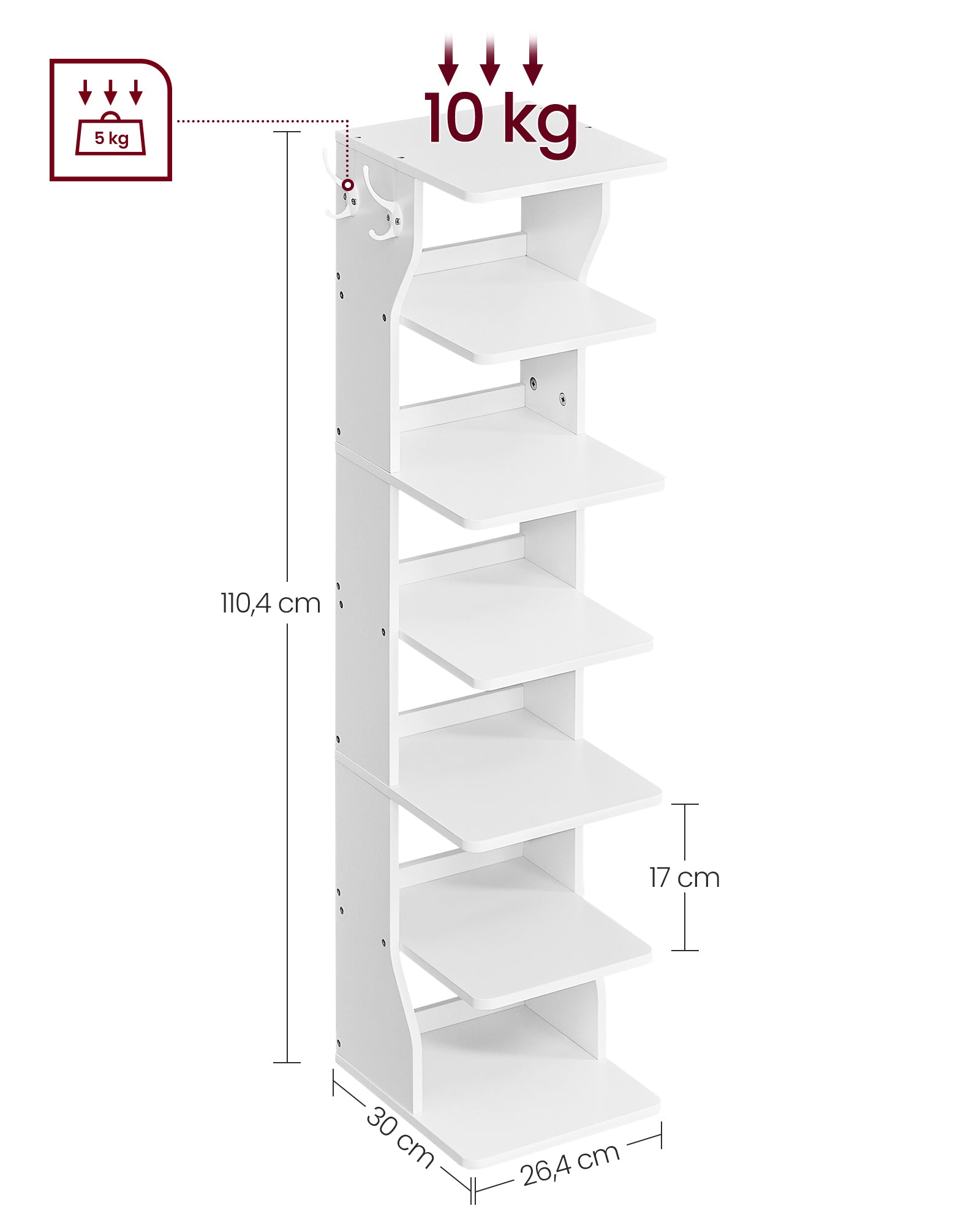 Schuhregal schmal, Schuhablage mit 6 Ebenen, Schuhregal hoch,  Schuhablage, 26,4x30x110,4 cm, platzsparend, Weiß, VASAGLE, 7