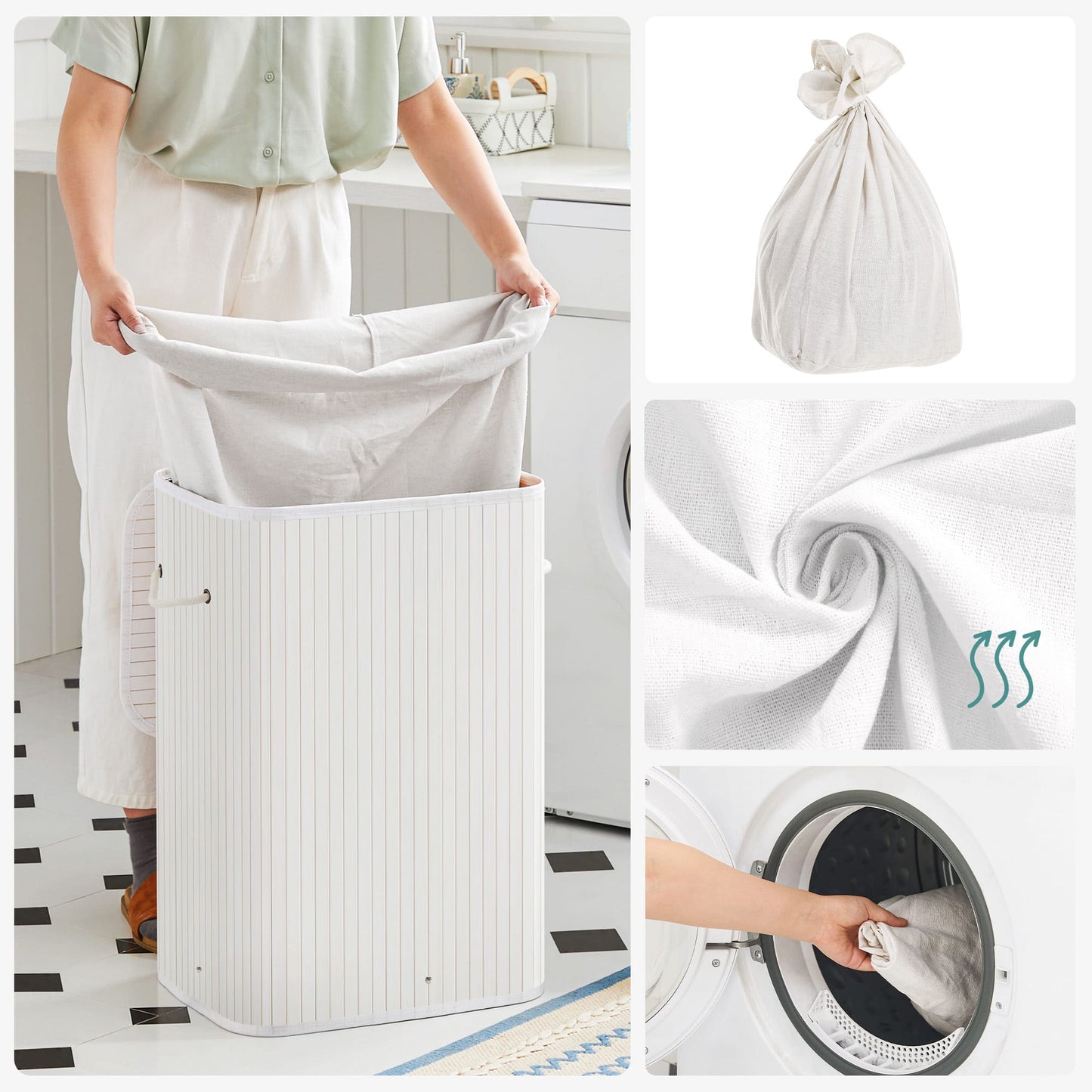 SONGMICS Wäschekorb aus Bambus, faltbarer Wäschesammler mit Deckel und herausnehmbarem Wäschesack aus Baumwolle, 72 L Wäschebox, Wäschetruhe